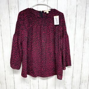 Michael Kors Top Women Sz Small Leopard Purple Print Long Sleeve Smocked Blouse